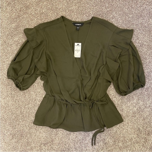 Express Women's Top Size XS Faux Wrap Puff Sleeves Peplum Olive Green NWT $54 - Picture 5 of 16